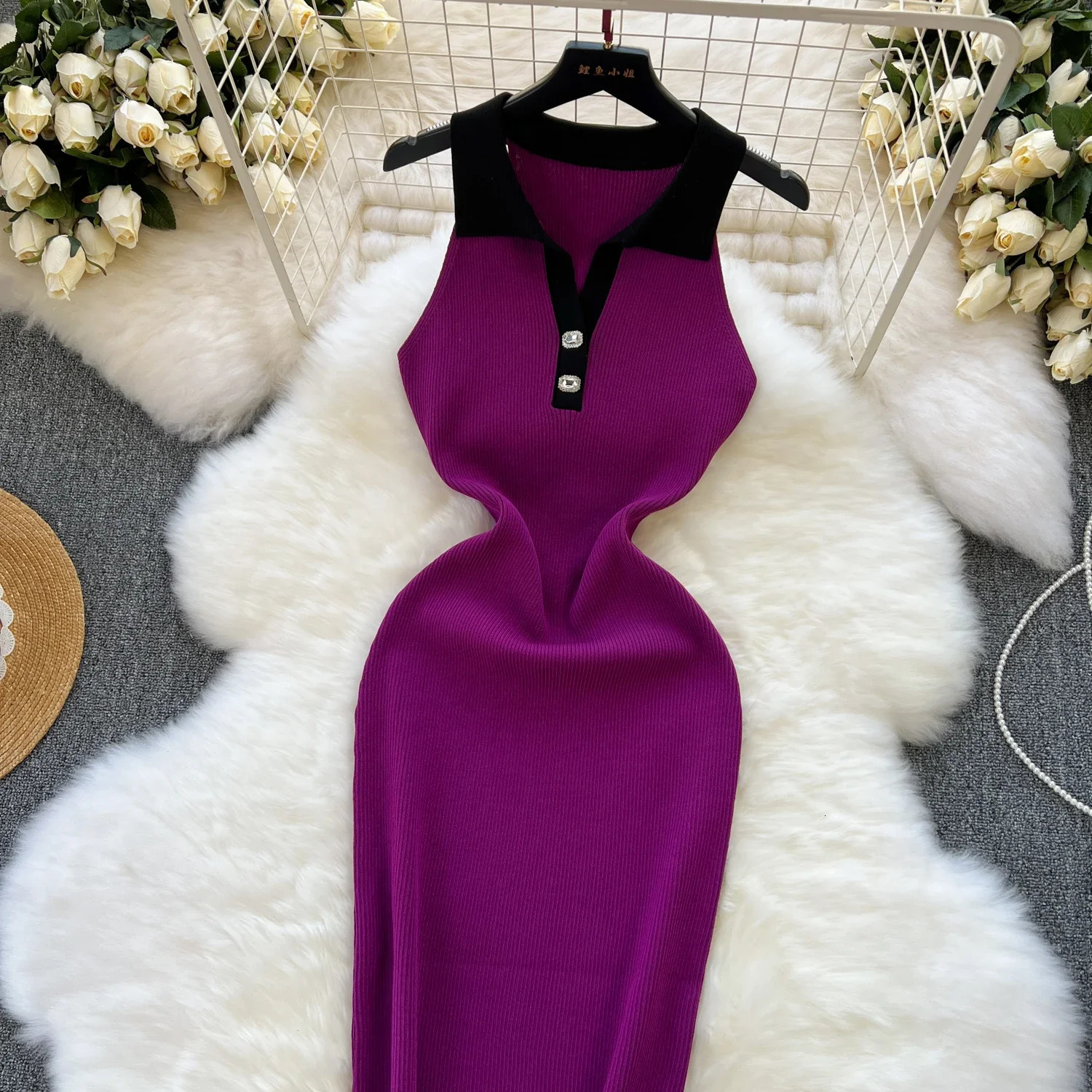 Sexy Elatic Summer Knit Strap Dress Women Tank Bodycon Sundress Female Beach Buttons Midi Dress Outfit 240518