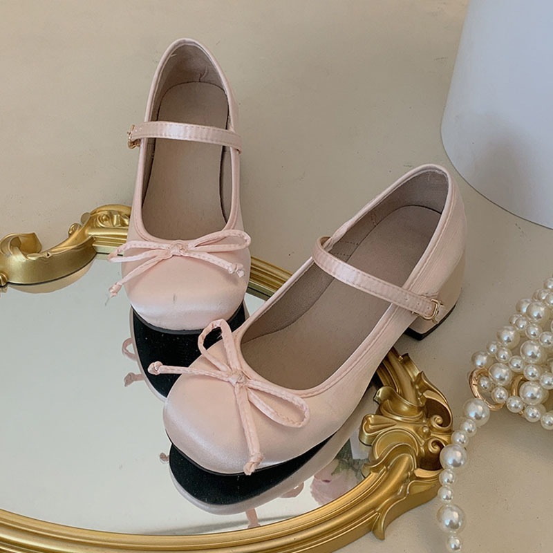 Ballet Women Pumps Lolita Mary Jane Ladies Chunky Heel Bow-knot Shallow Sandals Female Cute Sweet Round Toe College Girl Shoes c473