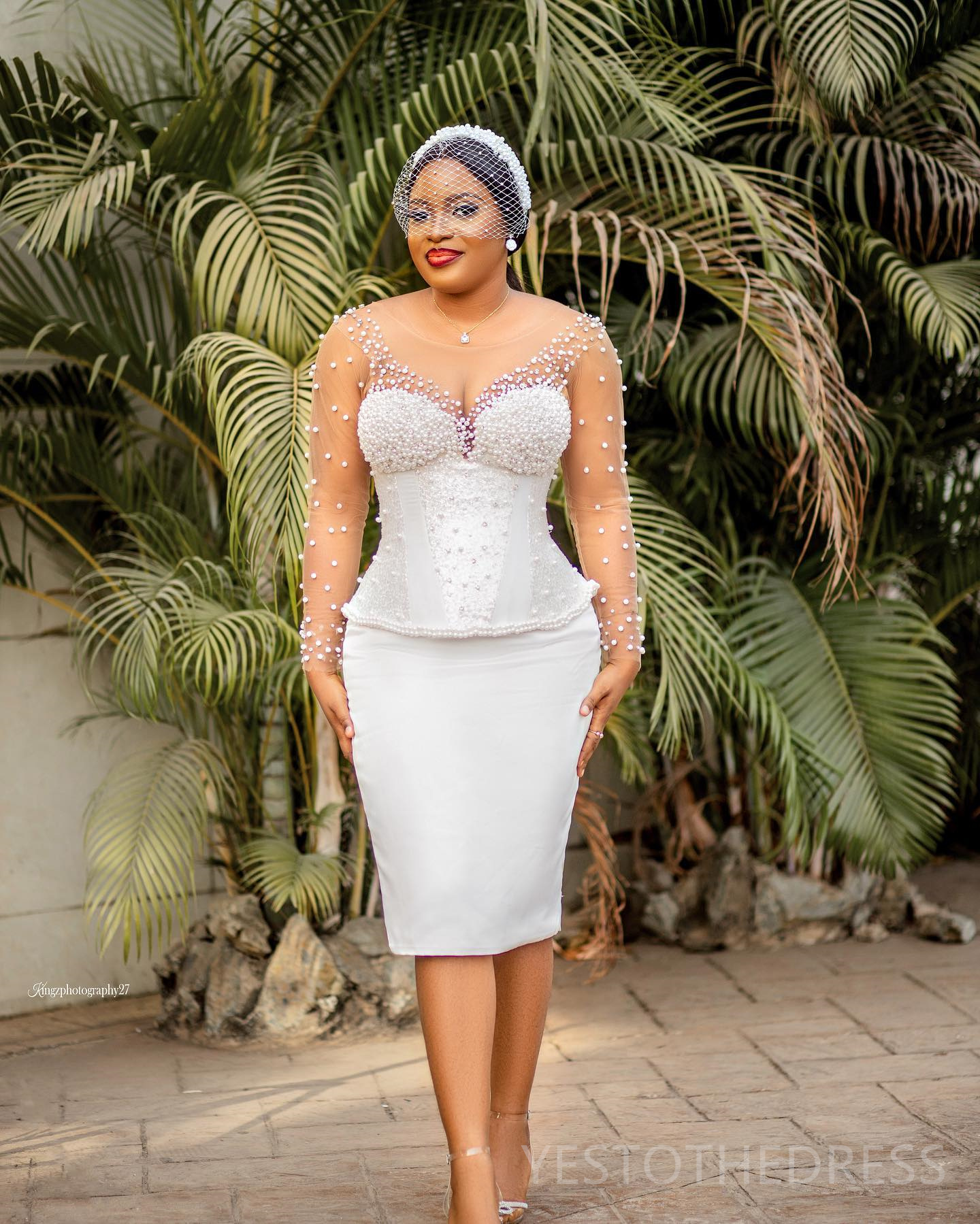 R&W 2024 Short Sheath Wedding Gowns Bride Plus Size Illusion Long Sleeves Beaded Pearls Decorated Sequined Lace T Length Bridal Dress for Marriage D25