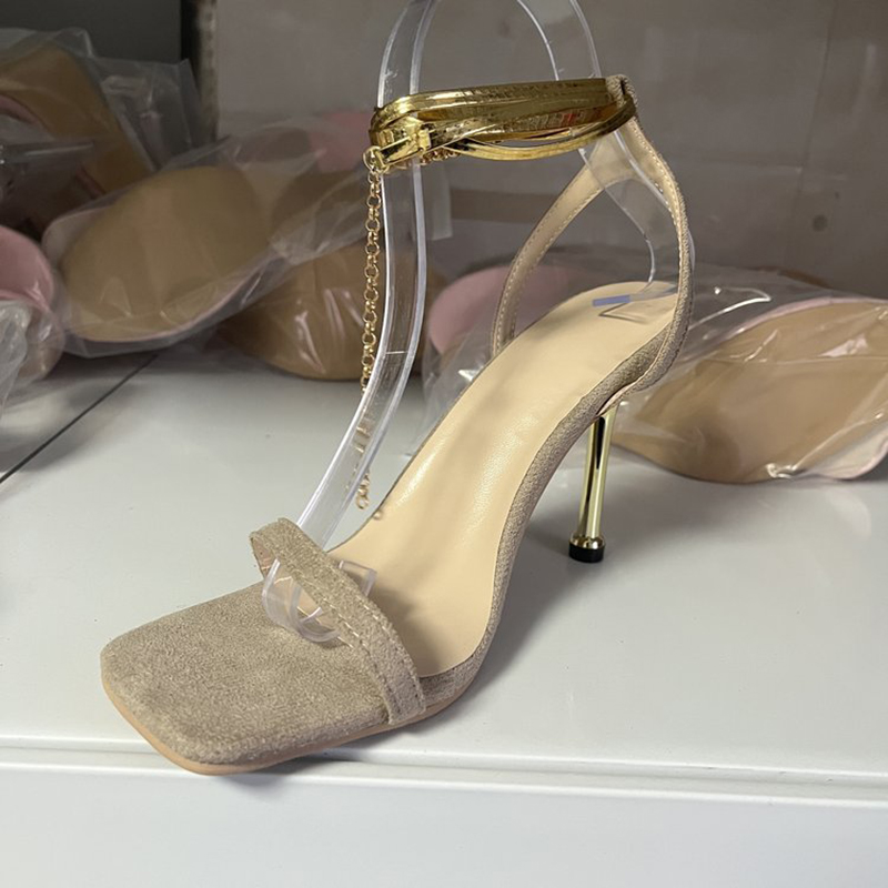 Gold High Heels Sandals Women Summer 2023 Thin Heeled Ankle Strap Gladiator Sandals Woman Plus Size 43 Square Toe Party Pumps