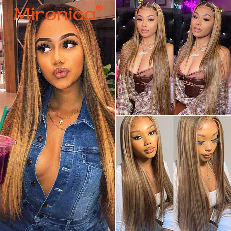 Bone Straight P4/27 Highlight Human Hair 1/3/4 Bundles With Closure Brazilian Lace Frontal Human Hair Weave Remy Extensions 100G