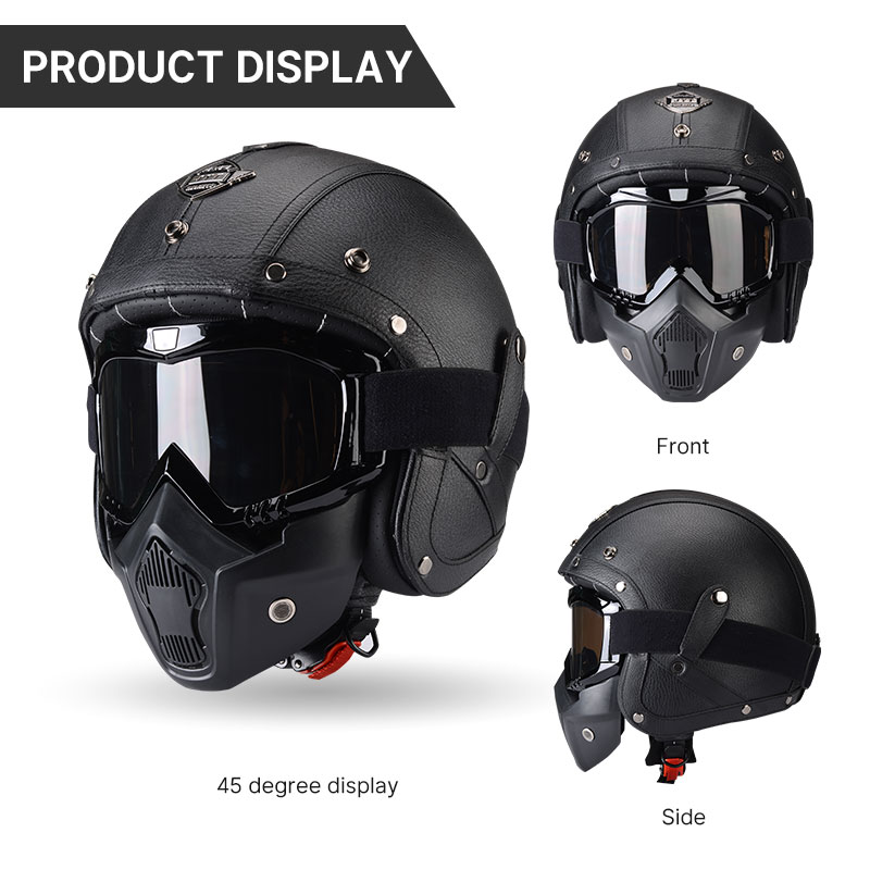PU Leather Retro Vintage Motorbike 3/4 Open Face Casco Moto Helmet Motorcycle Helmets With Goggle Mask For Adult
