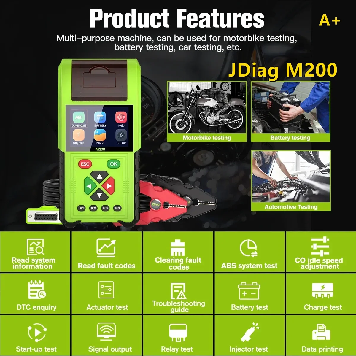 2024 JDiag M200 Motorcycle Diagnostic OBD2 Scanner Moto Fault Code Reader Battery Tester Motoscan Tool For Yamaha Update of M100