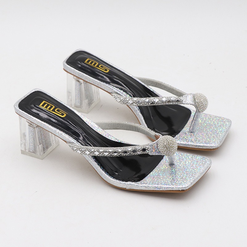 New Summer Flip Flops Gold Silver Slides Women 6cm High Heels Mules Slippers Crystal Glitter Clear Low Heels Bling Luxury Shoes