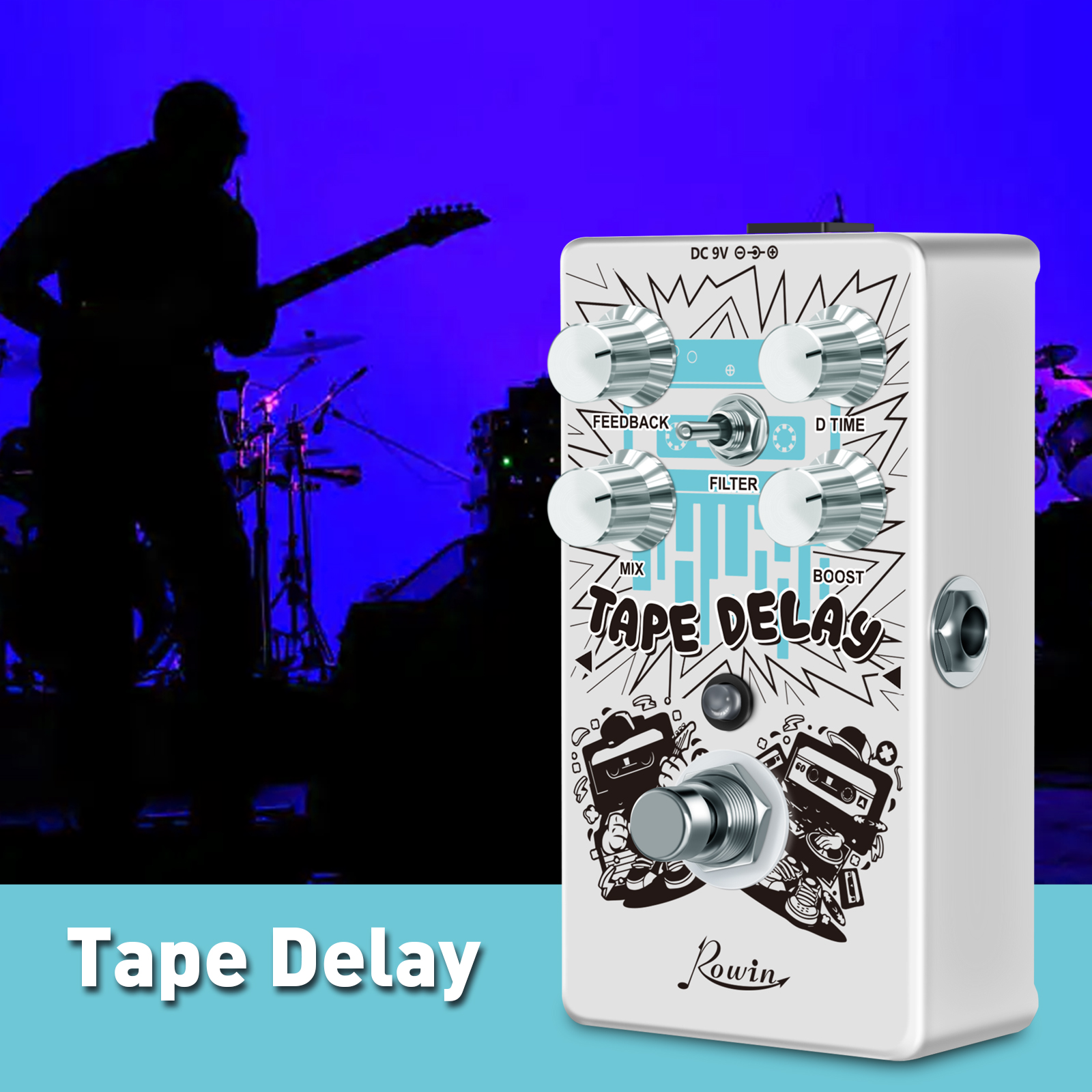 Rowin Tape Delay Guitar Effect Pedal with Reverb Boost Effect Pedal Combined Combined With Bass Effects Wide Range Delay RE-01