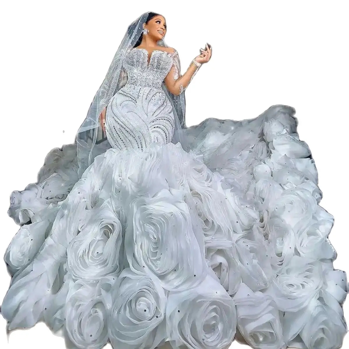 Cascading Ruffles Wedding Dress Illusion Long Sleeve Mermaid Bridal Gowns Sequins Beads Wedding Gowns For African Women