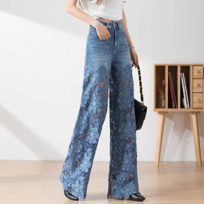 Fashion Elegant Jeans for Women High Waist Lace Patchwork Pantalones Hollow Out Oversized Spring Casual Loose All Match Pants 240514