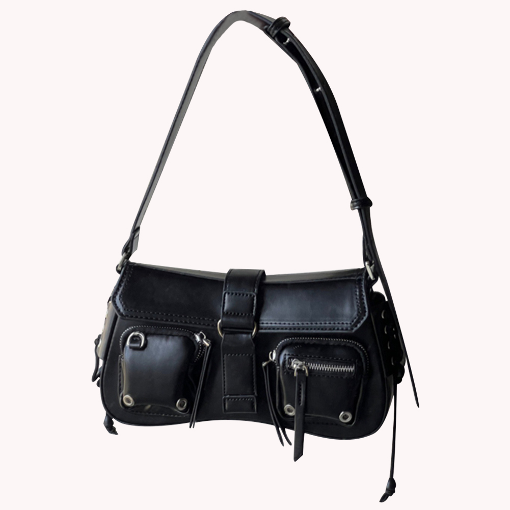 Women Gothic Armpit Bag PU Leather Cool Shoulder Bag Multipocket Y2K Adjustable Strap Female Commute Daily Bag