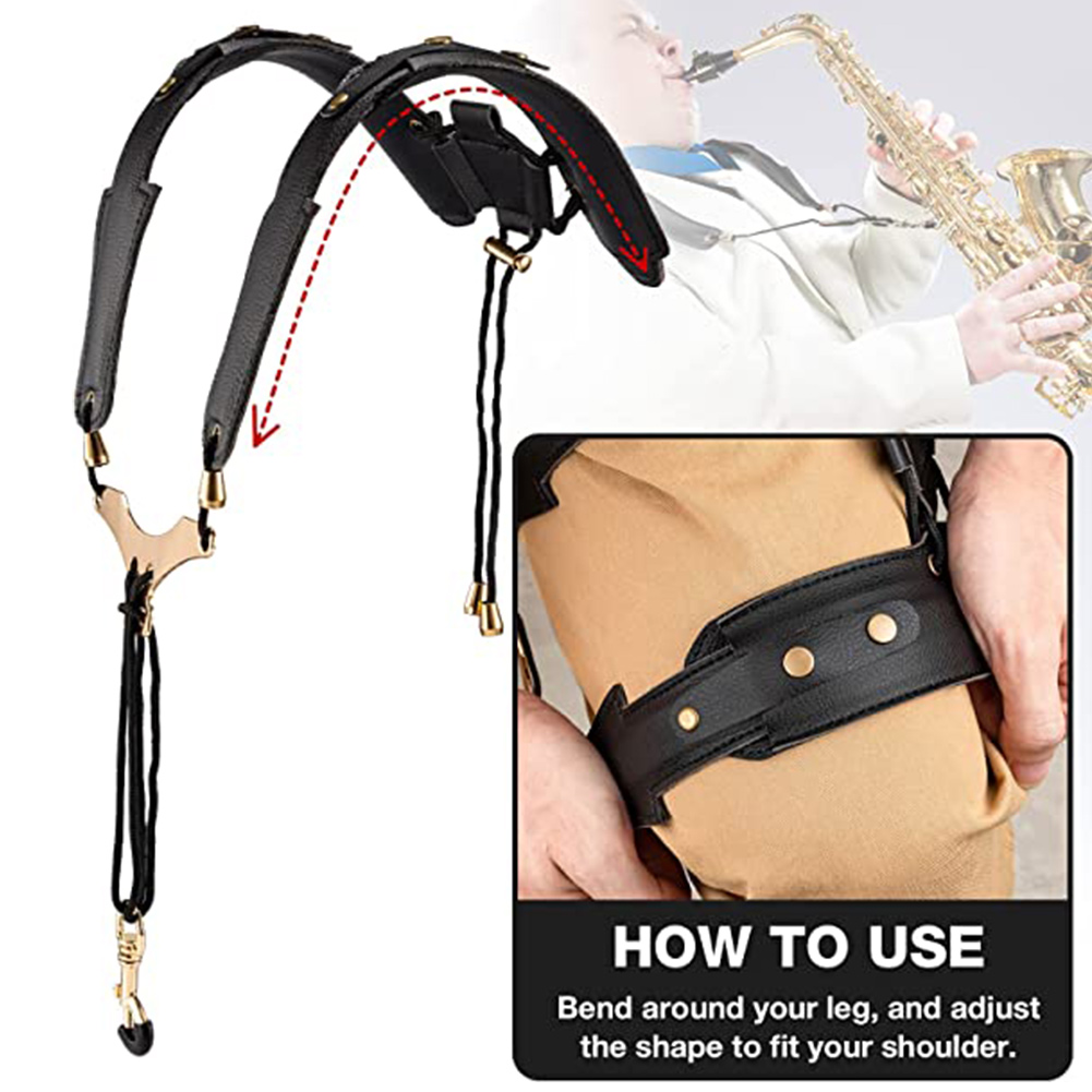 Leather Saxophone Double Shoulder Neck Strap with Metal Swivel Snap Adjustable Tenor Alto Soprano Sax Strap Reduce Neck Stress