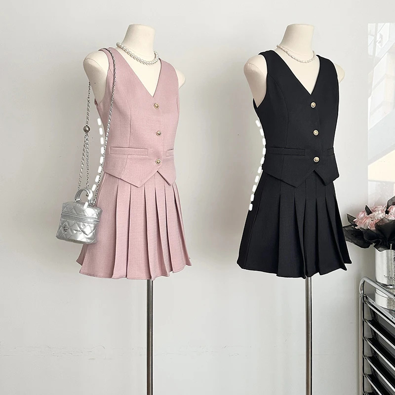 Small Fragrant Summer Elegant 2 Piece Sets Vintage V Neck Sleeveless Vest Womens Office Lady High Waist Pleated Aline Skirts 240522