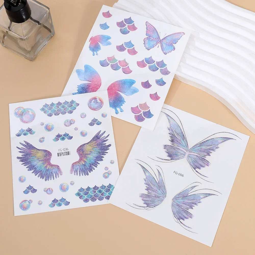 3D Face Glitter Butterfly Tattoo Stickers Shiny Wings Temporary Waterproof Body Art Decoration 240521