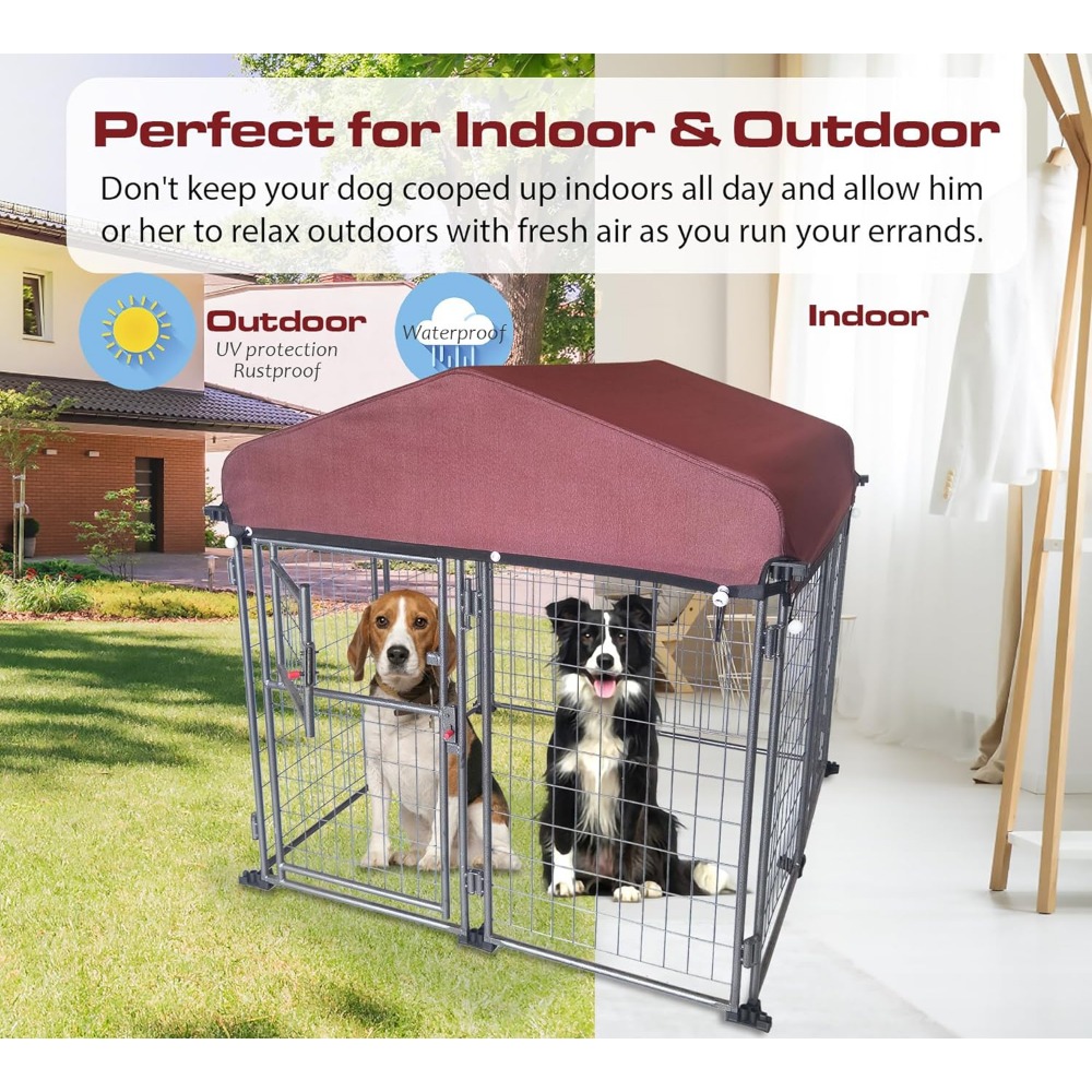 Outdoor kennel with roof cover (4.5') dog house is easy to assemble Weatherproof large kennel for indoor dogs