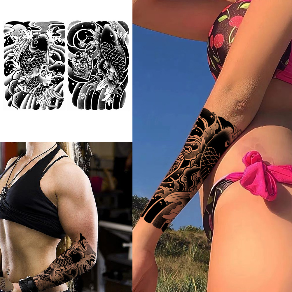2PCS Waterproof Herbal Juice Tattoo Sticker Koi Fish Flower Tattoo Sticker Semi Permanent Tattoo for Arm Chest Shoulder Thigh