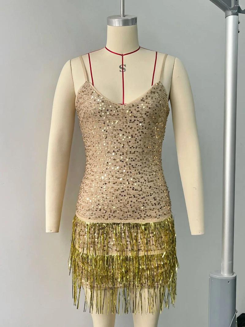 Casual Dresses 2024 Fashion Sexy V-Neck Sequined Tessel Mini Dress For Pary Women Spaghetti Strap Vintage Party Nightclub Evening