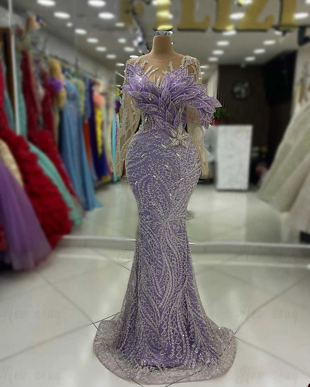 Luxury Prom Dresses Mermaid 3D Appliques Beads Crystals Sequins Tulle Lace Sleeves Sweep Train Custom Made Plus Size Party Evening Dress Vestido De No