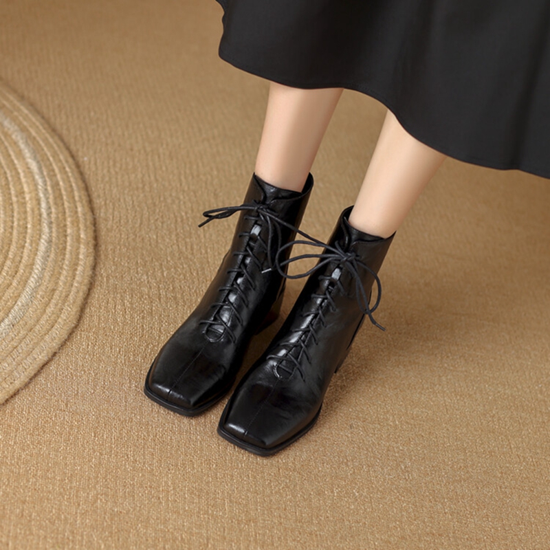 Autumn NEW Square Toe Chunky Split Leather Shoes for Women High Heel Ankle Lace-up Designer Boots eaa4