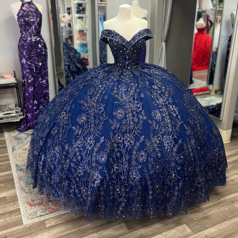 Navy Blue Princess Off The Shoulder Quinceanera Dresses Beads Crystal Ball Gown Part Prom Wear Lace Up Sweet 16 Vestidos 15 De XV Anos