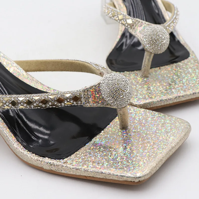 New Summer Flip Flops Gold Silver Slides Women 6cm High Heels Mules Slippers Crystal Glitter Clear Low Heels Bling Luxury Shoes