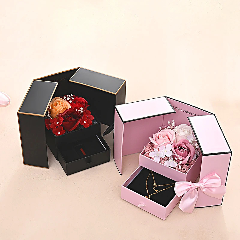 Rose Gift Box Flower Jewelry Box for Valentines Day Wedding Anniversary Gift Packaging Box Romantic Double-door Cardboard Case 240522
