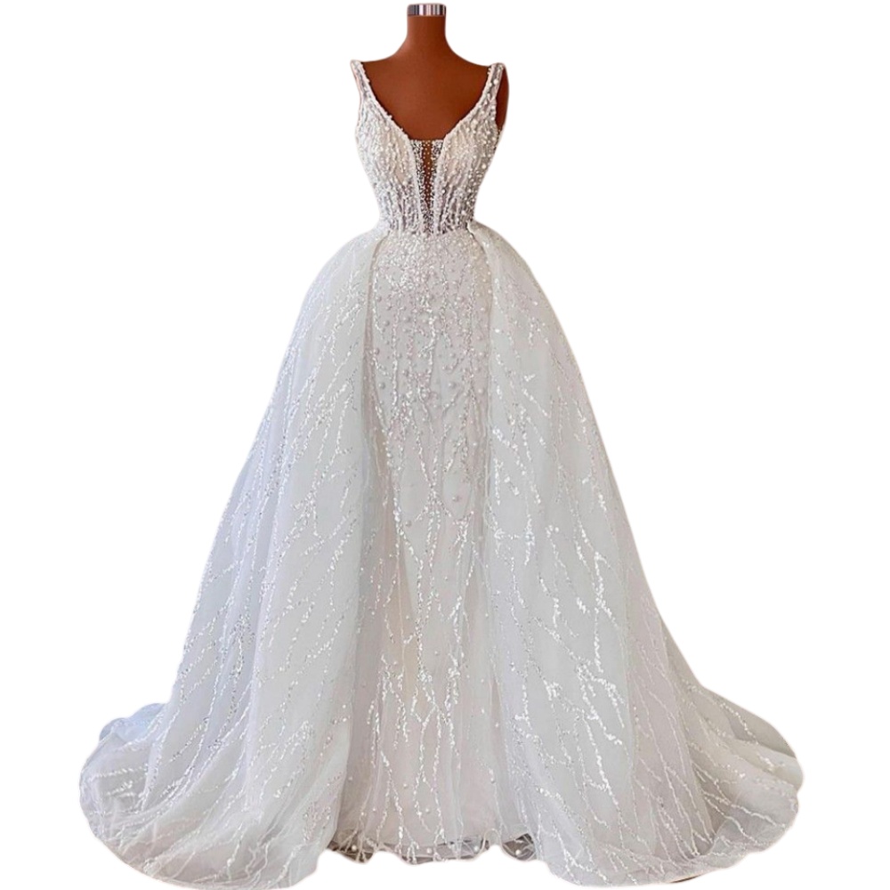 Sexy Romantic A Line Wedding Dresses Overskirts Spaghetti Straps Sleeveless Sequined Lace Crystal Beads Illusion Tulle Bridal Gowns Wedding Dress