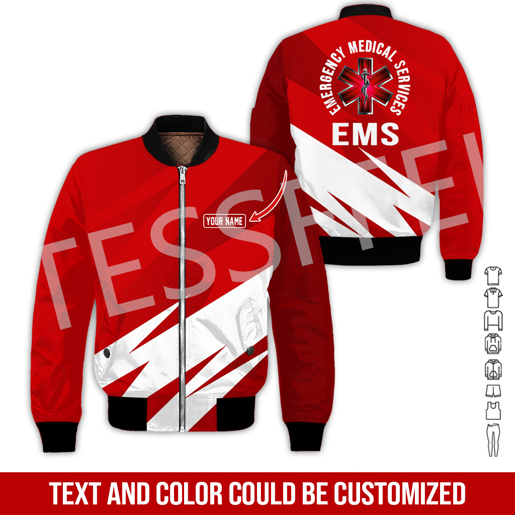 Custom Name Cosplay EMS EMT Medical Paramedic Worker Tattoo 3DPrint Streetwear Winter Windbreaker Warm Coat Bomber Jacket X4