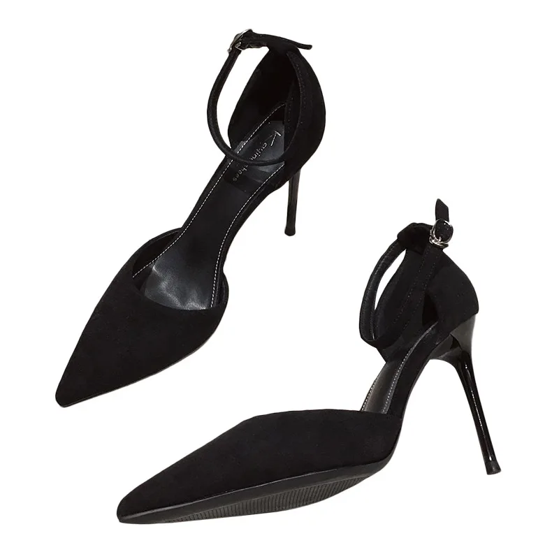 and Spring Autumn High New Versatile Thin Heel Professional L Pointed Black Buckle Strap Single Shoe Women e5bc