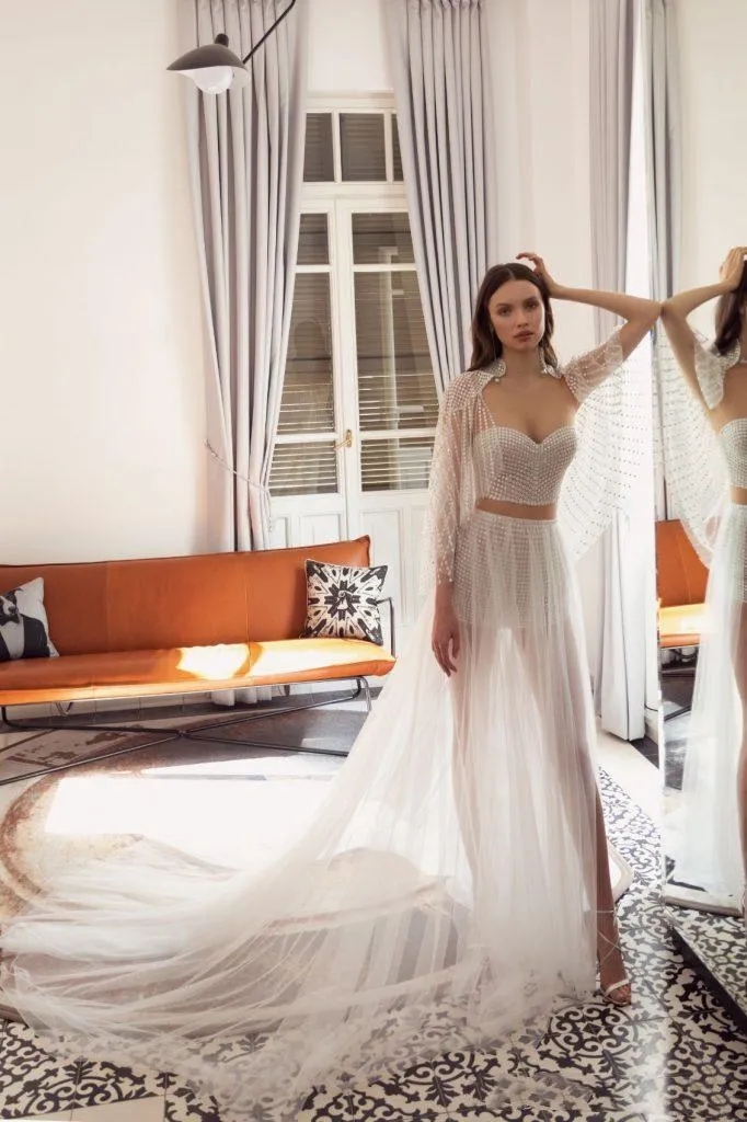 Beach Julie Vino Two Pieces Dresses Bridal Gowns with Cape Sexy Beading Sequined Boho Wedding Dress