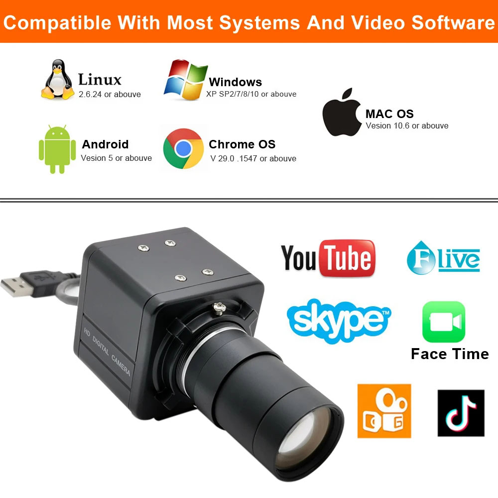 4K 8MP IMX415 CMOS USB Webcam 2K Full HD 30fps 4MP Industrial With CS 5-50mm Varifocal Lens UVC OTG Video Camera For Live Stream