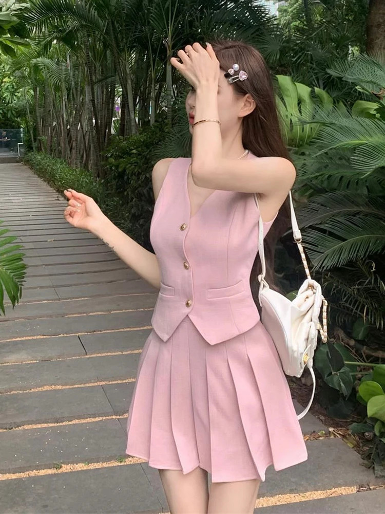 Small Fragrant Summer Elegant 2 Piece Sets Vintage V Neck Sleeveless Vest Womens Office Lady High Waist Pleated Aline Skirts 240522