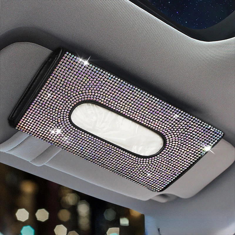 Bling Car Sun Visor Tissue Box Holder Rhinestone Leather Crystal Sparkling Napkin Holder Car Accessories for Women