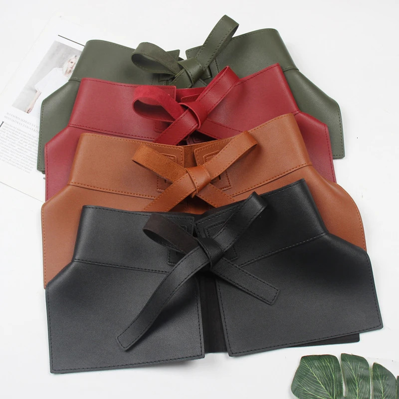 French Retro Bow Tie Wide Waistband Women Fashion Solid Leather Cumber Bands Versatile Bow Waist Belt Solid Color Accessories 240522