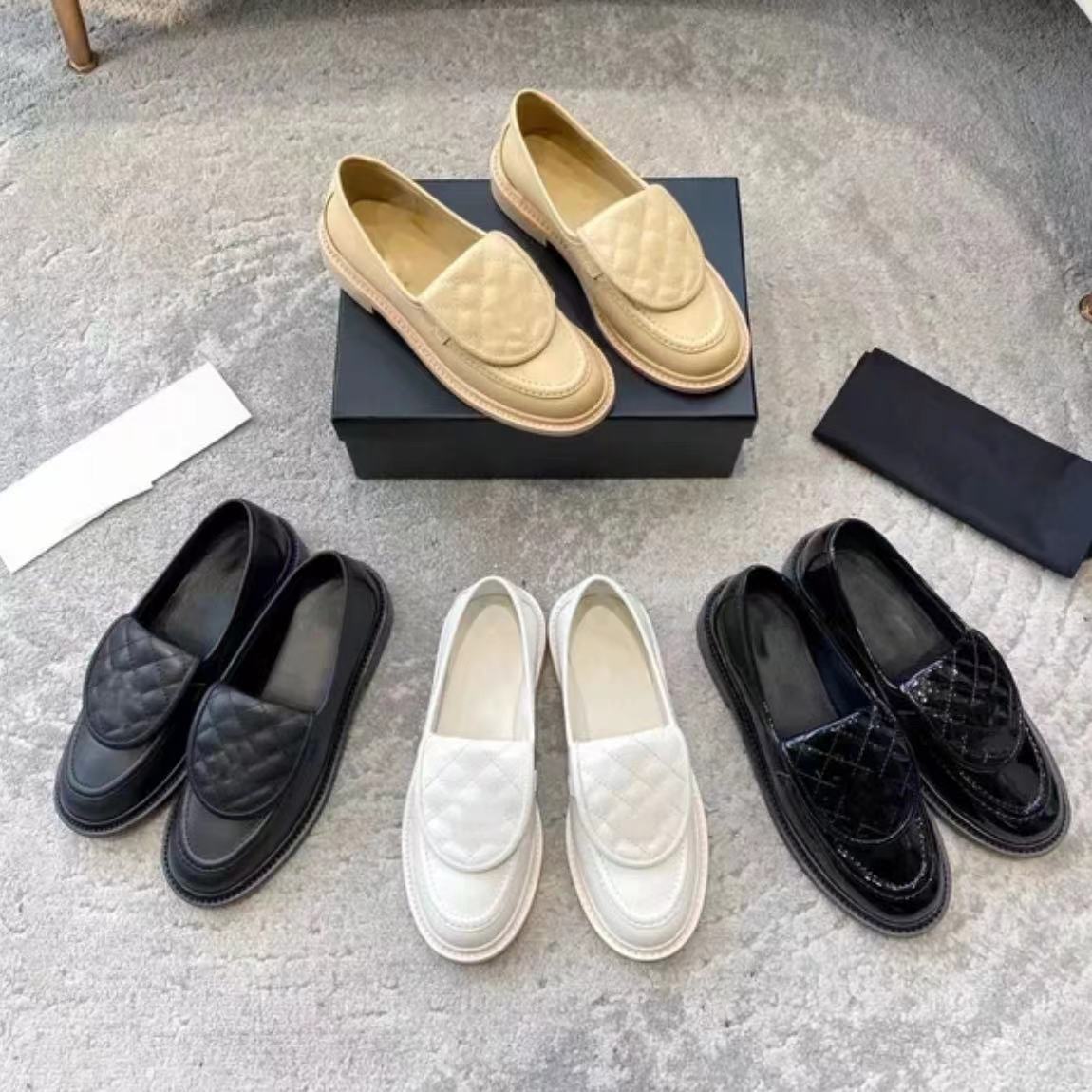 designer quilted loafers Dress Shoes 100% real leather Women Loafers Moccasin Flat Shoes Lambskin Quilted With Gold Hardware Luxury Platform Size 35-42 designer box
