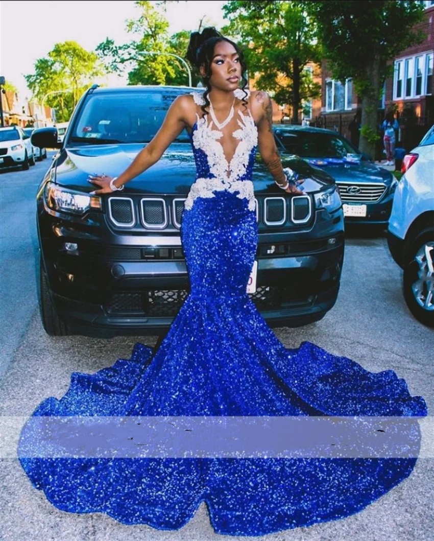 Royal Shiny Diamonds Blue Prom Dress Crystals Rhinestones Beads Sequins Gown Birthday Party Gowns For Black Girl 2024 s