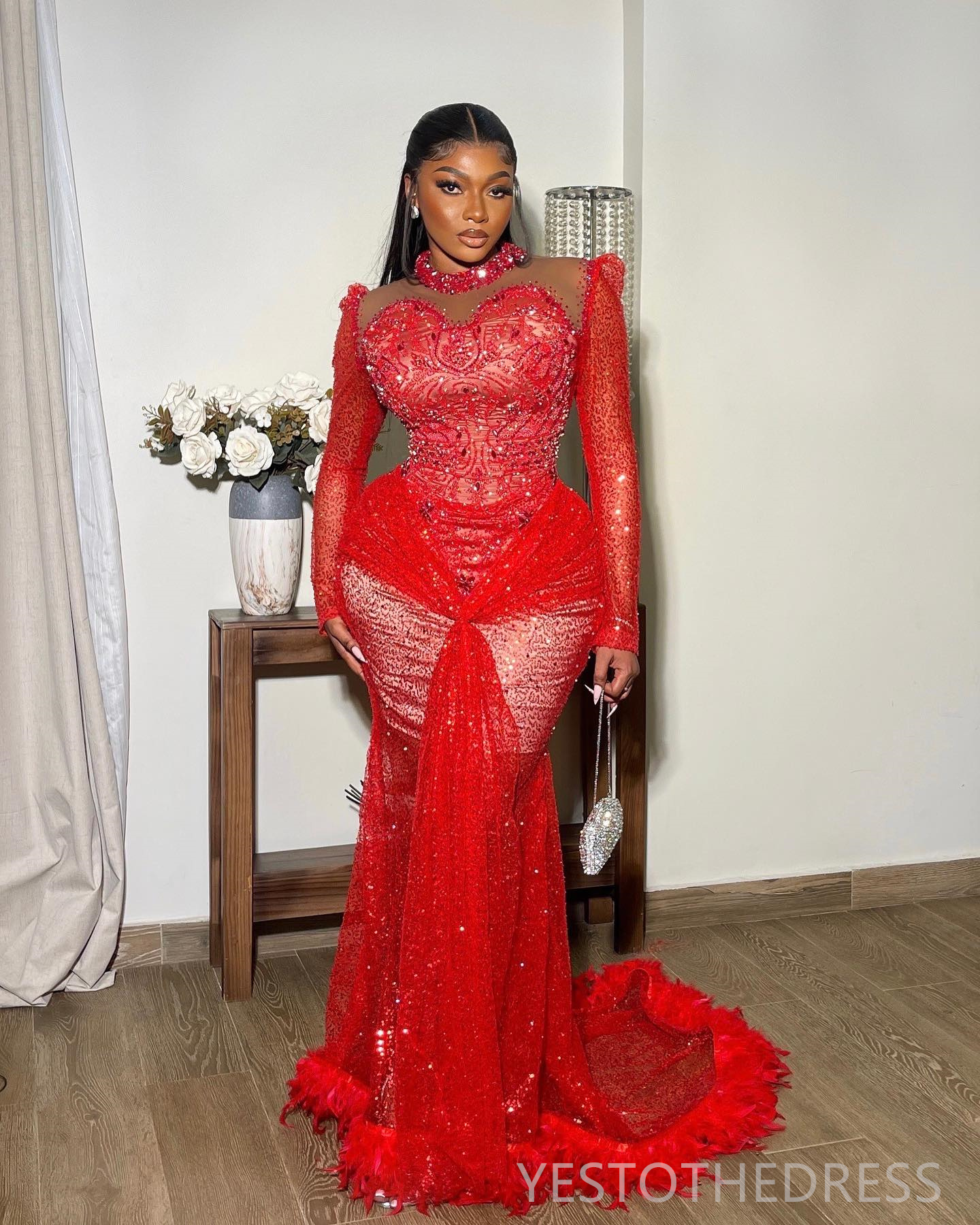 2024 Plus Size Aso Ebi Prom Dresses Illusion Long Sleeves Promdress High Neck Feathered Mermaid Sequined Lace Beaded Lace Birthday Dress Second Recept
