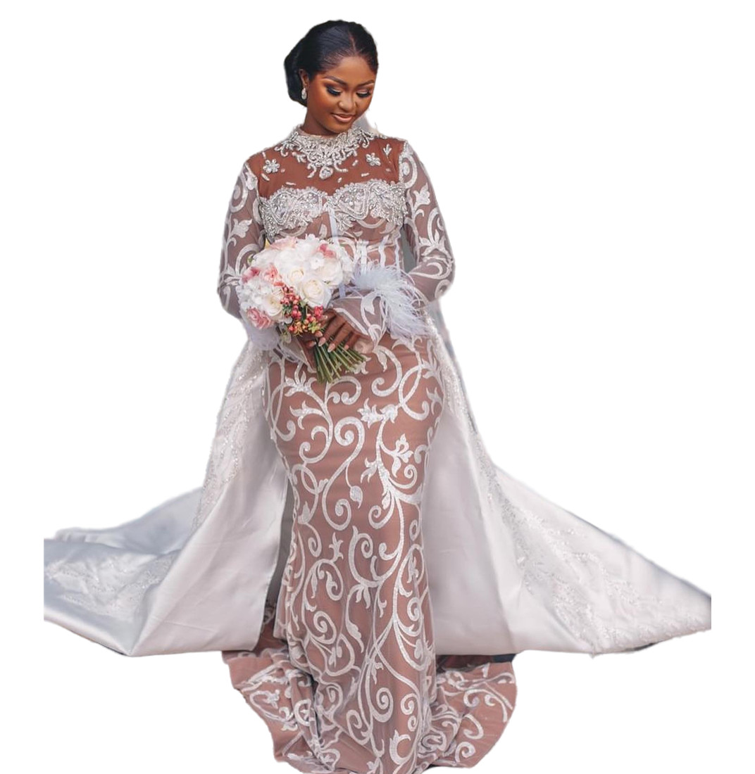 Aso Ebi 2024 Ivory Illusion Mermaid Wedding Dresses Lace Beaded Crystals Detachable Train Bridal Gowns Dress LF044
