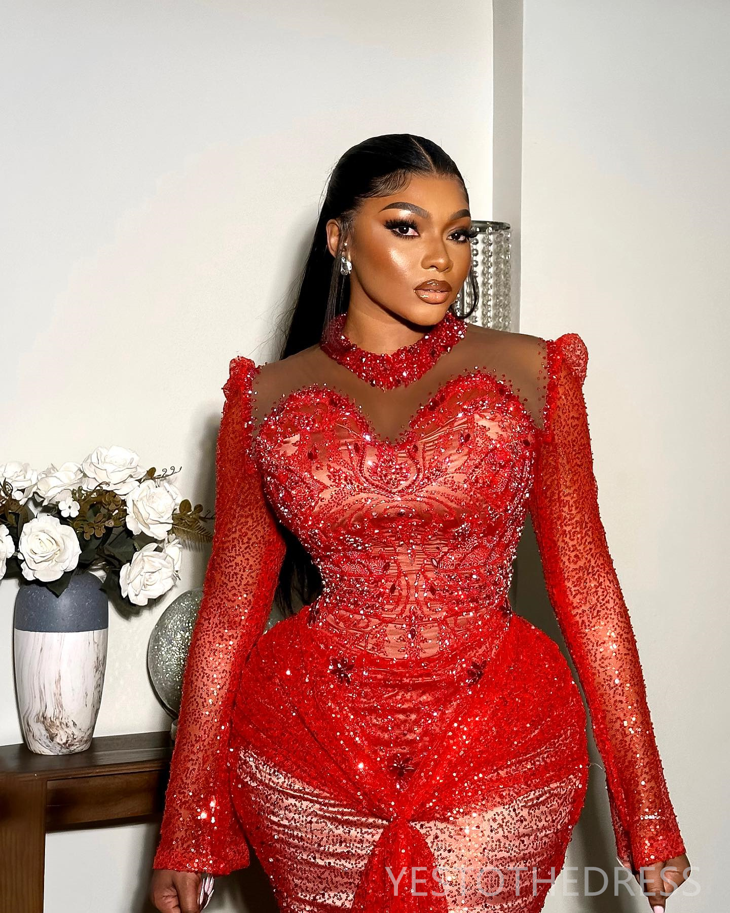 2024 Plus Size Aso Ebi Prom Dresses Illusion Long Sleeves Promdress High Neck Feathered Mermaid Sequined Lace Beaded Lace Birthday Dress Second Recept