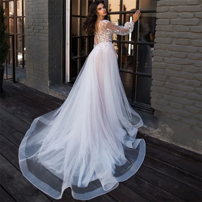 Graceful Wedding Dresses Lace Appliques Long Sleeves Bridal Gowns Floor Length See Through Deep V Neck A Line Vestidos De Novia