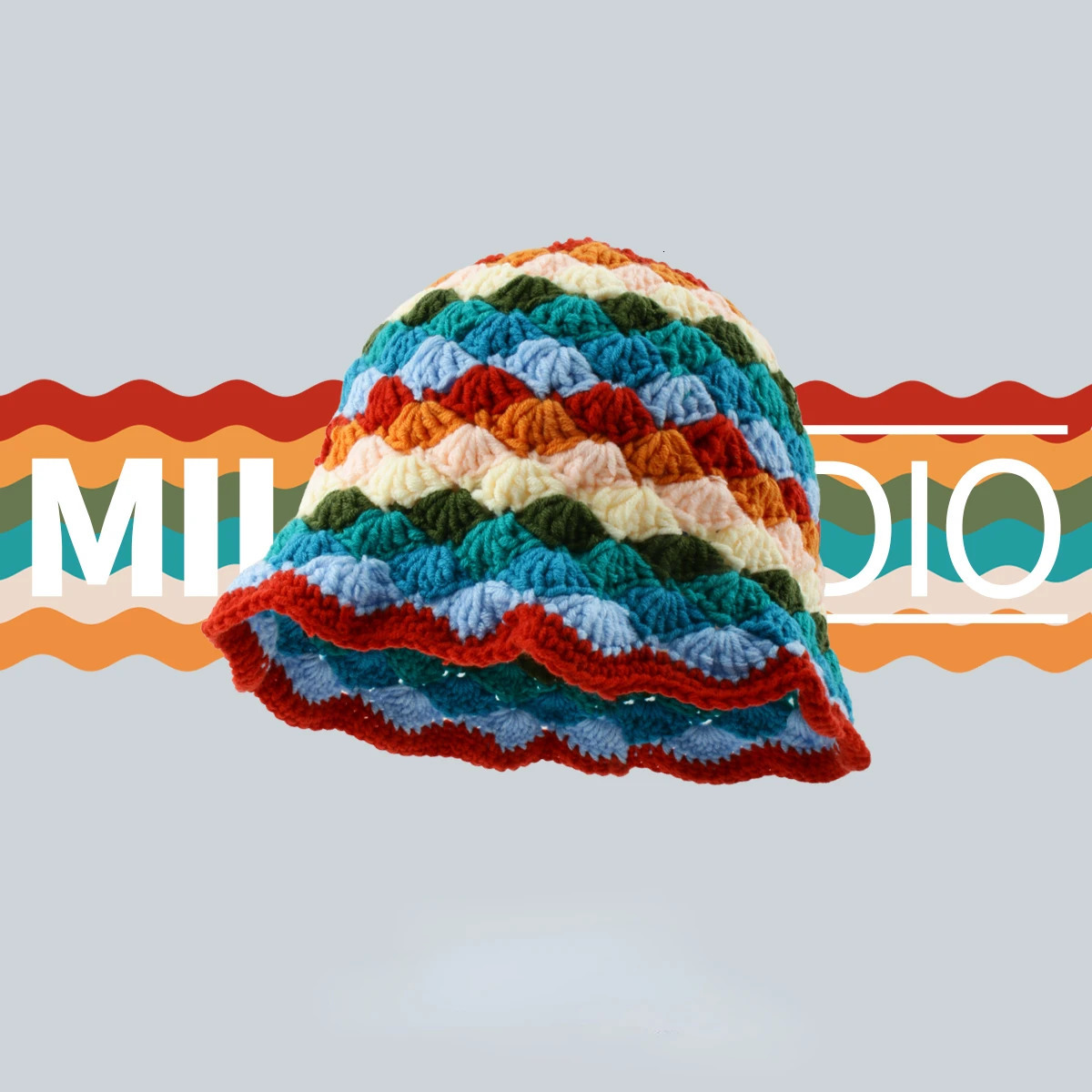 Cute Dopamine Wind Japanese Handmade Crochet Knitted Bucket Hat Rainbow Rhombus Plaid Wool Bucket Winter Basin Hat Bucket Hat 240507