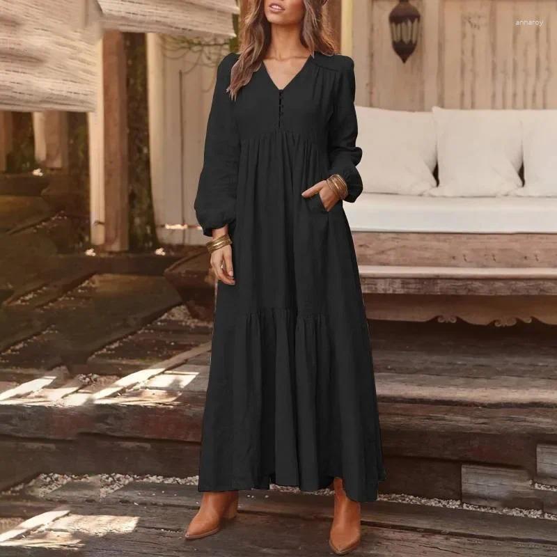 Casual Dresses Dress For Women 2024 Spring Fall V Neck A Line Long Sleeve Clothing Female Plus Size Solid Elegant Cotton Linen