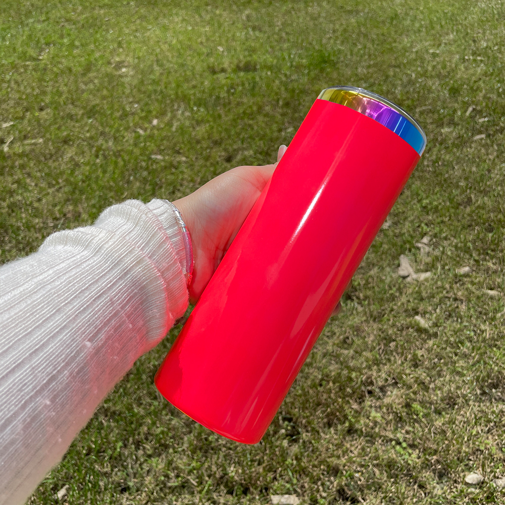 Neon colored 25pack 20oz rainbow underneath stainless steel skinny straight tumbler vacuum insulated mug with colored straw for laser engrave