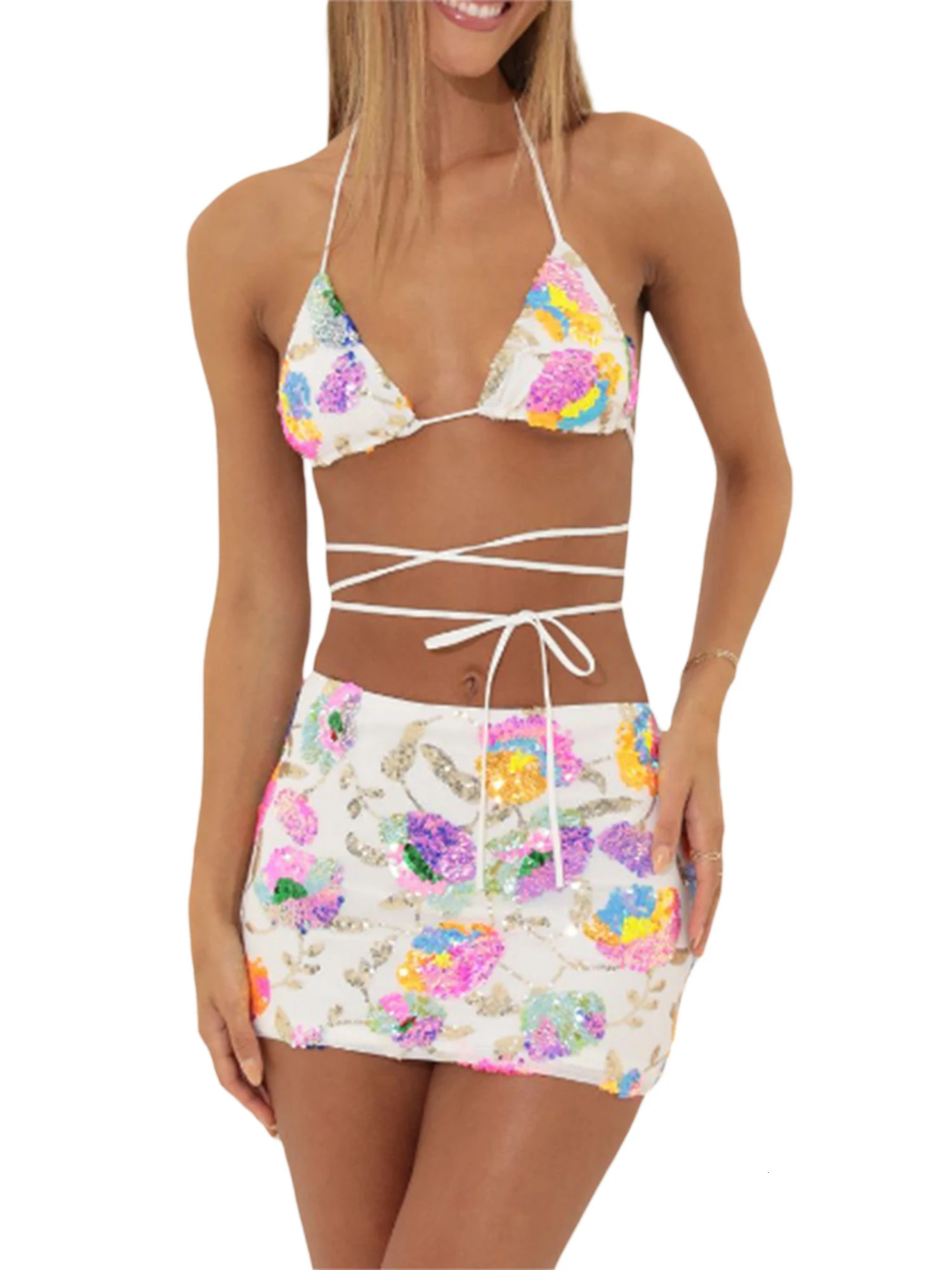 Sparkle and Shine Glitter Sequin 2 Piece Set with Halter Strap Bikini Bra and Bodycon Mini Skirt Perfect for Cocktail 240520