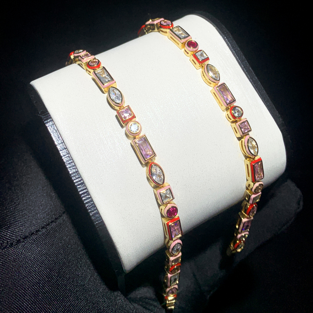 Geometric CZ Tennis Chain Choker Necklace Enamel Rainbow Bezel | 2024 New Fashion Jewelry