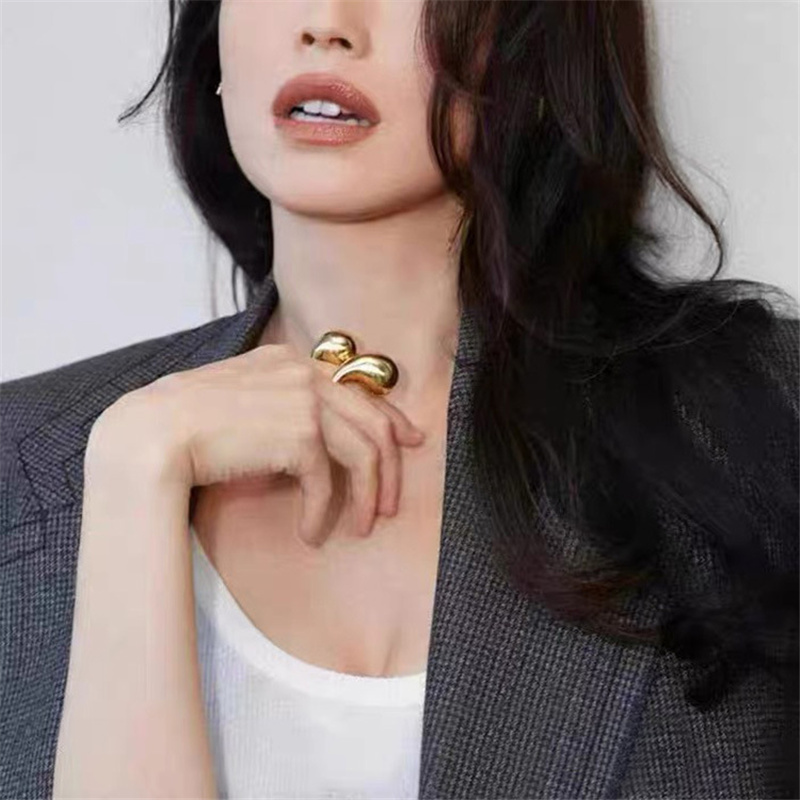 FFLACELL Vintage Chunky Gold Plated Glossy Double Water Drop Dome Open Rings for Women Exaggerated Trendy Jewelry Accessory