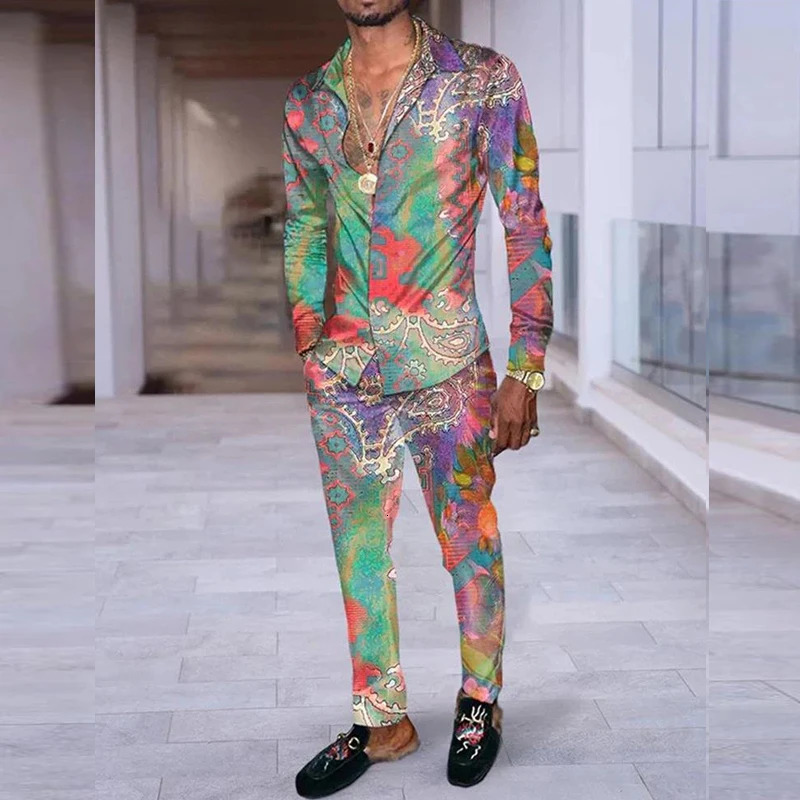 Mens Two Piece Casual Outfits Streetwear Fashion Gradient Color Loose Sets Long Sleeve Lapel Buttoned Shirts And Pants Suits Men 240518