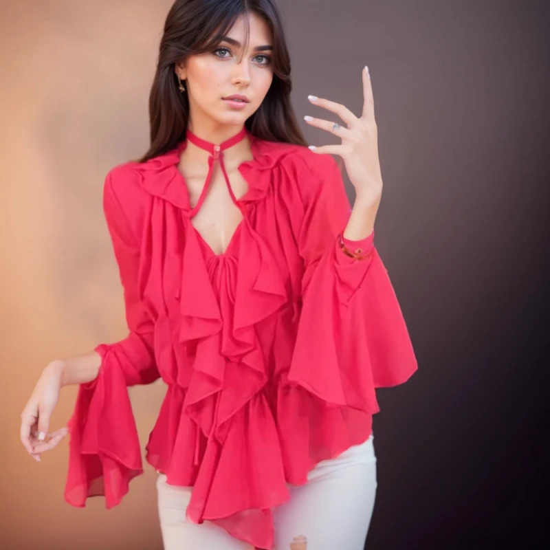 Mesh Tie Up Crop Tops Women Long Flare Sleeve V Neck Ruffle Tops and Blouse Summer See Through Sexy Casual Shirts Female 240518