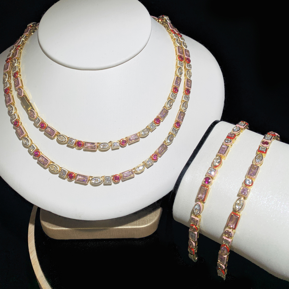 Geometric CZ Tennis Chain Choker Necklace Enamel Rainbow Bezel | 2024 New Fashion Jewelry