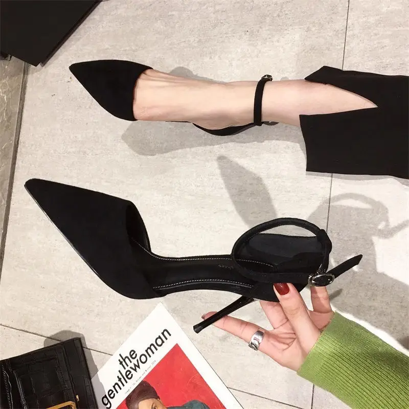 and Spring Autumn High New Versatile Thin Heel Professional L Pointed Black Buckle Strap Single Shoe Women e5bc