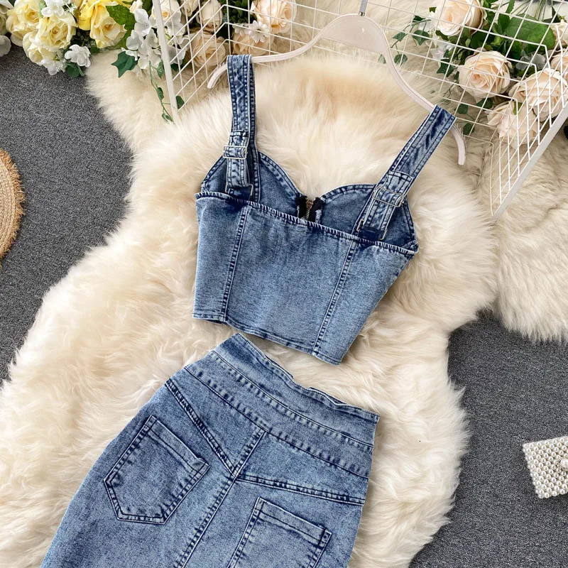 Amolapha Women Jeans Tank VestSkirts Sets Woman Girls Slim Denim Straps Tops Buttons Maxi Skirt Suits 240518