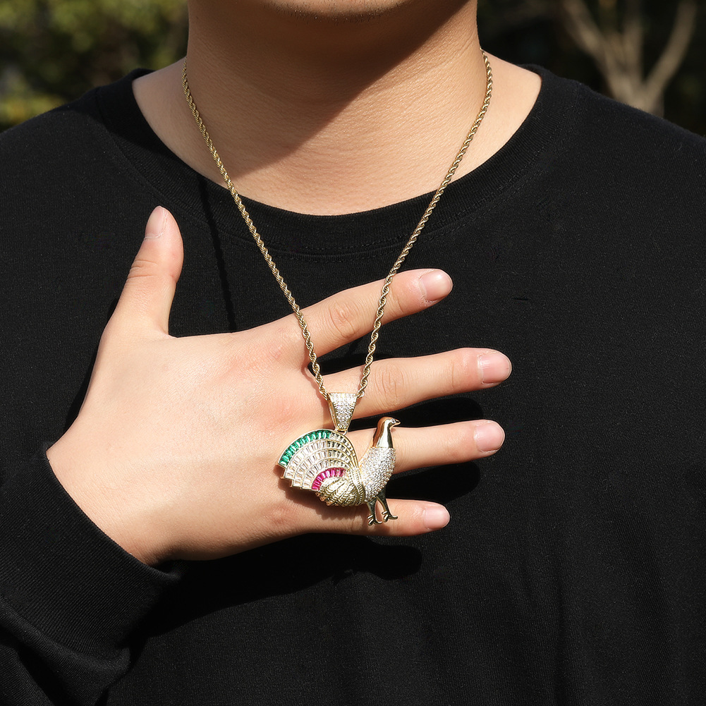 Hip Hop Rooster Cock Pendant Necklace 5A T Zircon Real Gold Plated Mens Jewelry