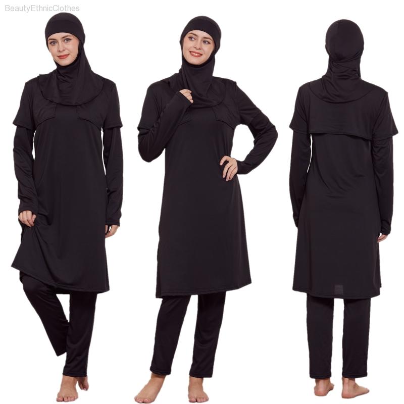 3 Pieces Sets Women Muslim Islamic Black Bathing Burkinis Sets Arab Modest Full Cover Tops Pants Swimwear Swimsuit Beachwear
